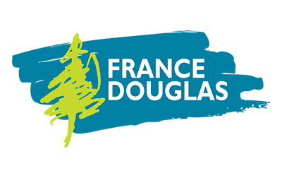 Logo de France Douglas, avec un arbre sur un coup de pinceau bleu
